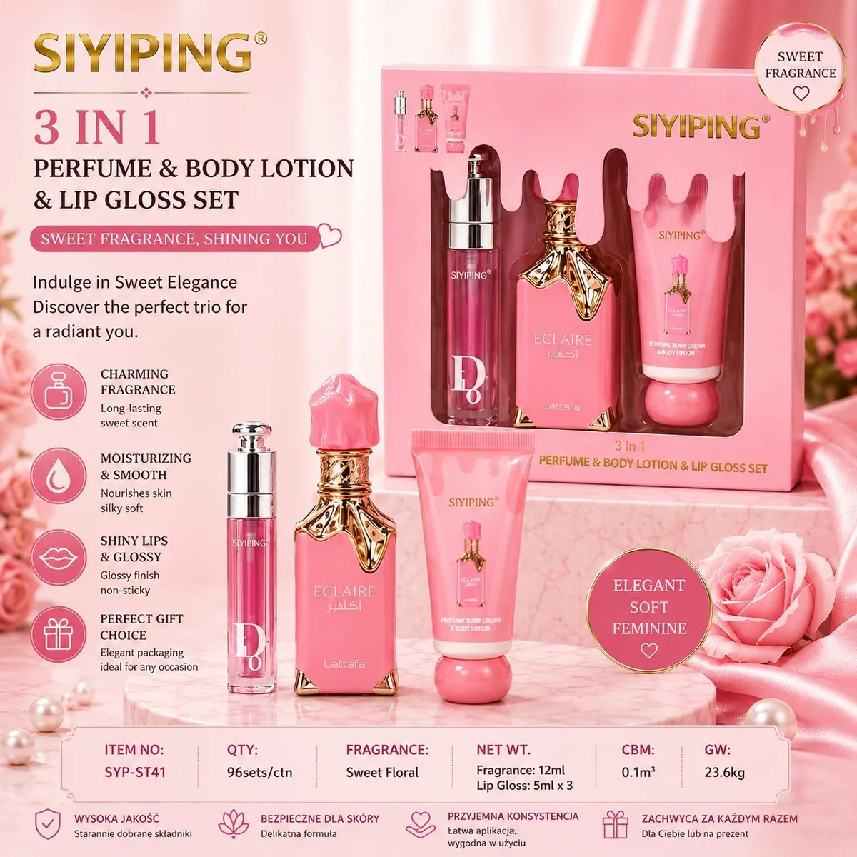 Różowy zestaw prezentowy SIYIPING 3w1 perfuma, balsam do ciała i błyszczyk w eleganckim opakowaniu