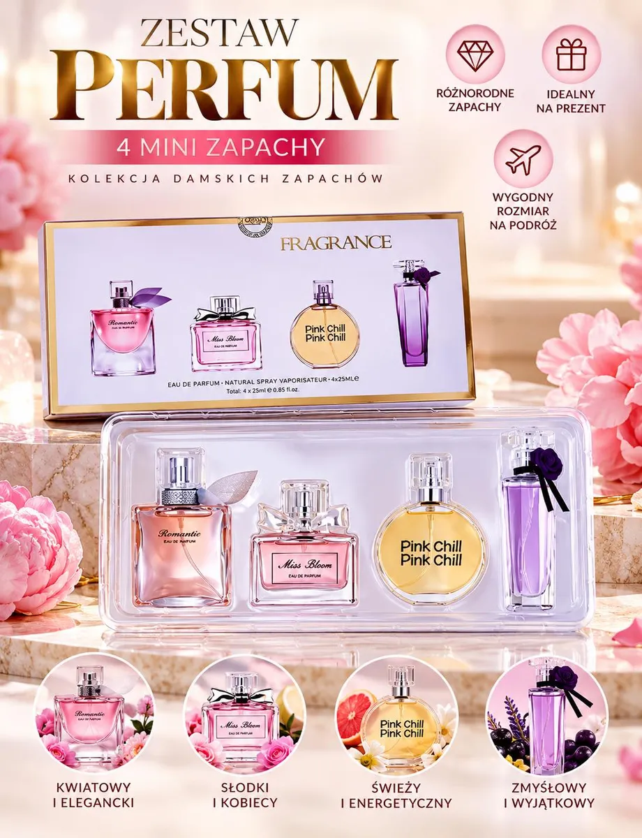 Zestaw czterech mini perfum damskich w przezroczystym opakowaniu z różnokolorowymi flakonikami