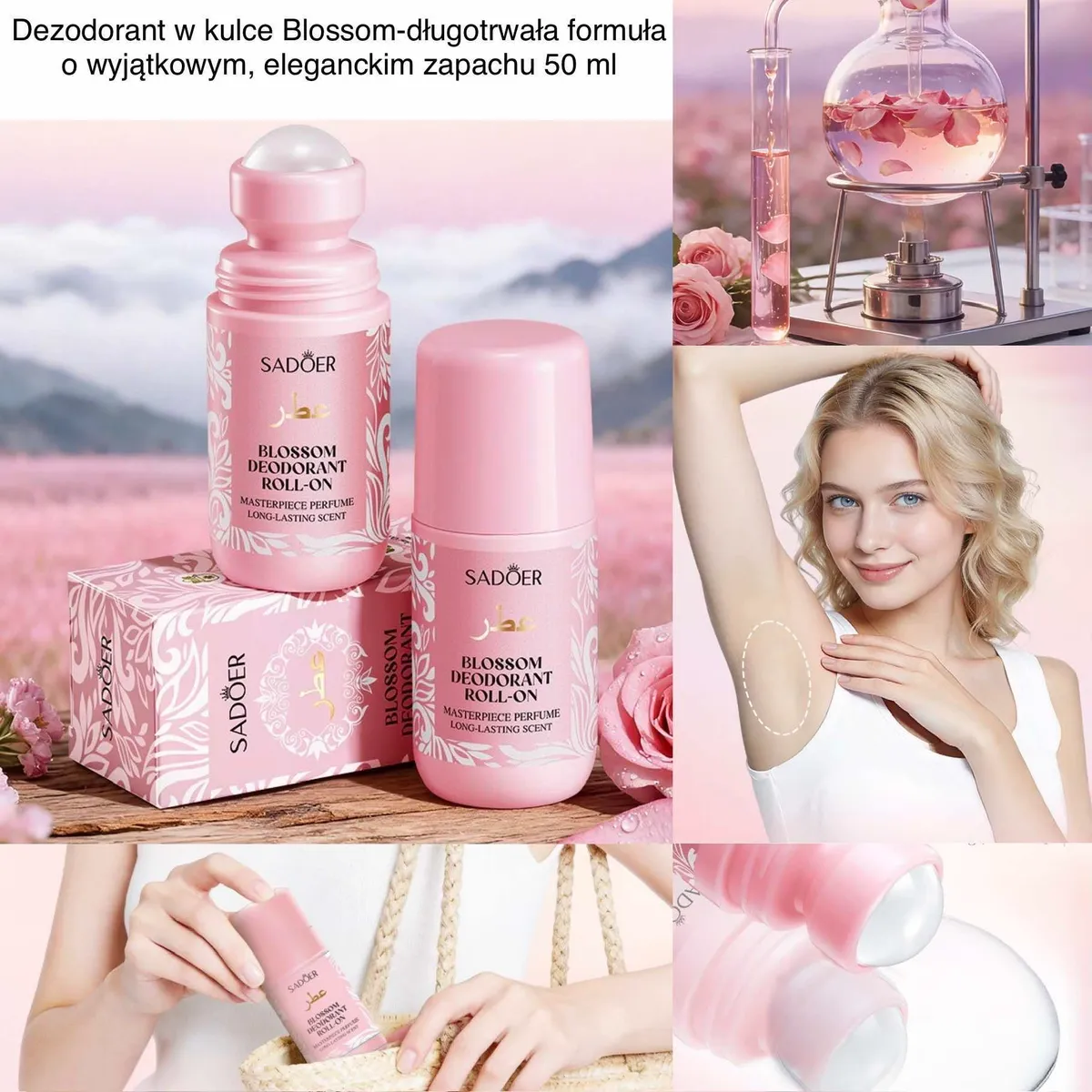 Różowy dezodorant roll-on SADOER Blossom 50 ml z kulkowym aplikatorem i opakowaniem z kwiatowym wzorem