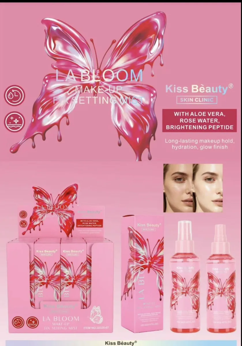 Różowy spray do utrwalania makijażu Kiss Bèauty La Bloom z motywem motyla na opakowaniu