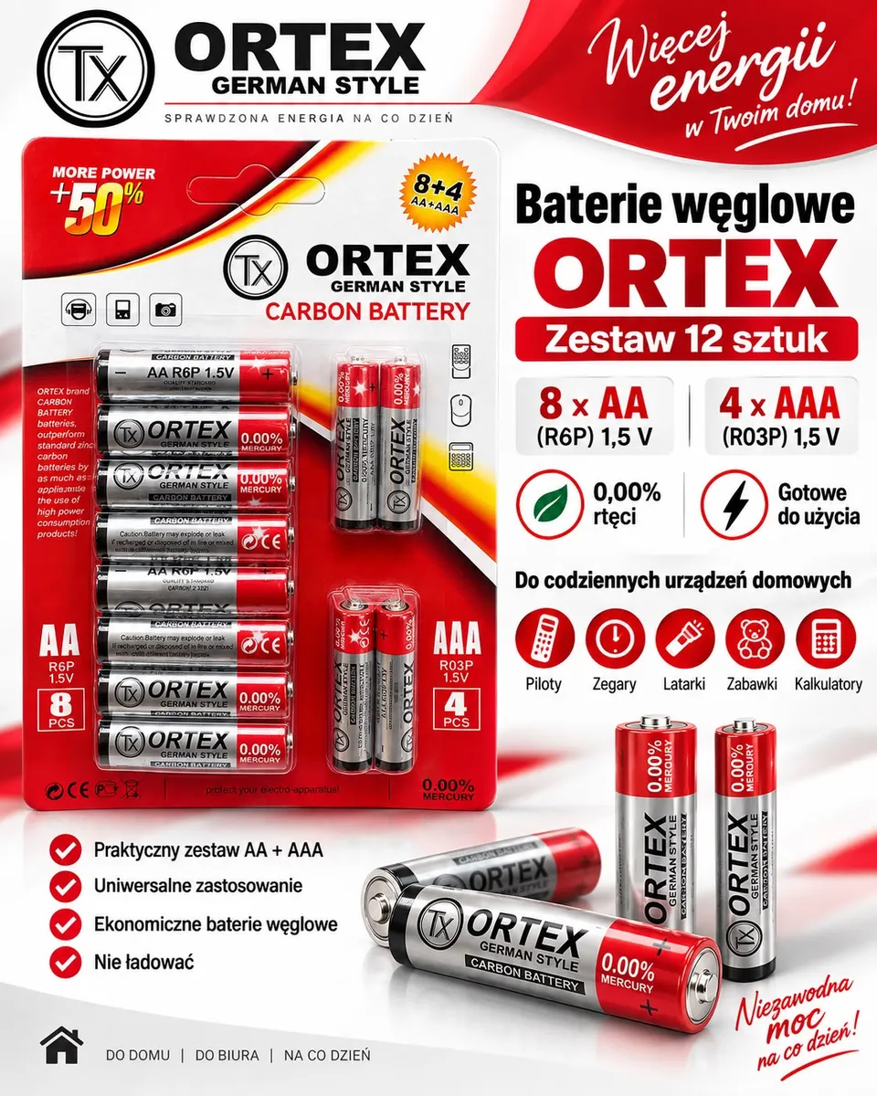 Zestaw 12 baterii węglowych ORTEX AA i AAA w opakowaniu z czerwono-srebrną grafiką