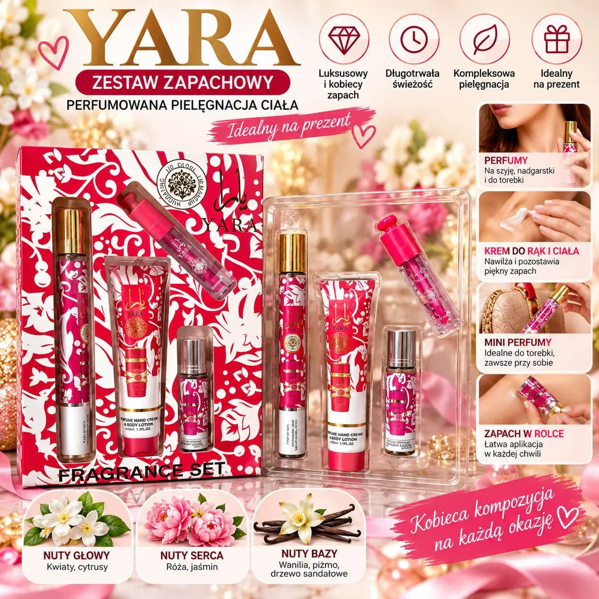Zestaw zapachowy YARA z mini perfumami, kremem do rąk i perfumami w czerwono-białym opakowaniu
