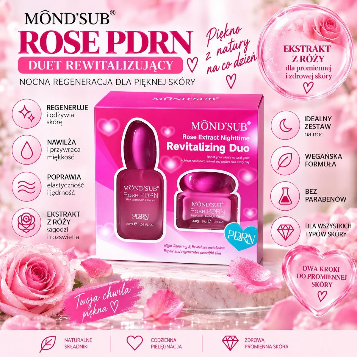 Zestaw kosmetyków Mond'Sub Rose PDRN w różowym opakowaniu z esencją i kremem na noc