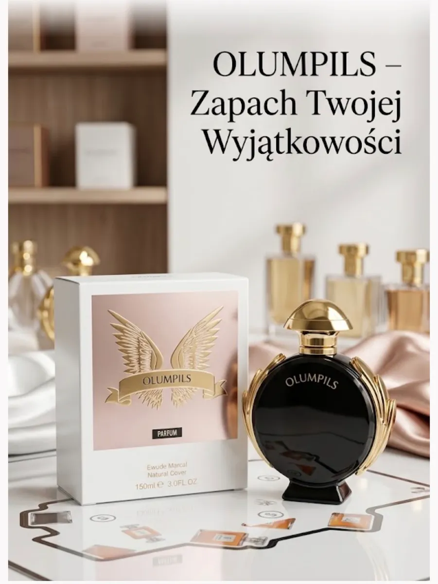 Perfumy Olumpils 150 ml w czarnej butelce ze złotymi skrzydłami i białe opakowanie z różowym tłem