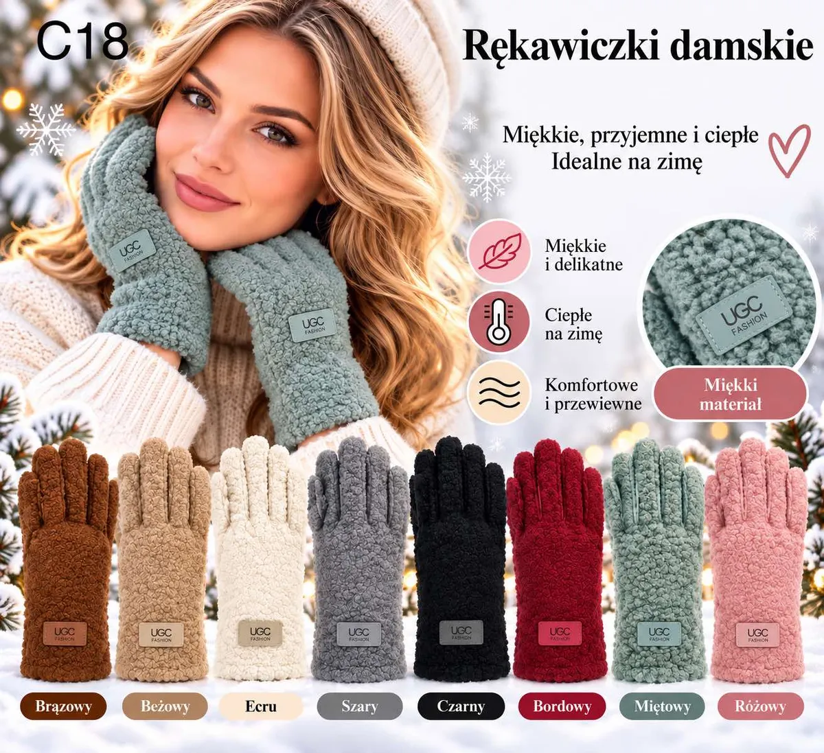 Rękawiczki damskie miękkie z fakturą baranka w 8 kolorach na zimę z naszywką UGC FASHION