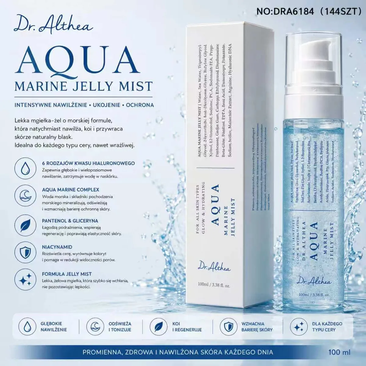 Butelka mgiełki-żelu Dr. Althea Aqua Marine Jelly Mist 100 ml z białym dozownikiem i opakowanie