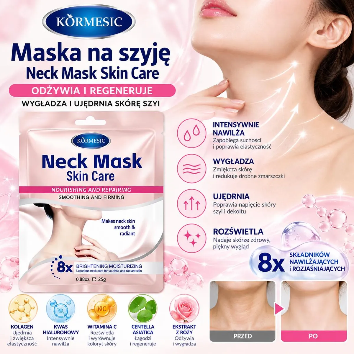 Opakowanie różowej maski do szyi KORMESIC Neck Mask Skin Care 25 g z opisem działania i składnikami
