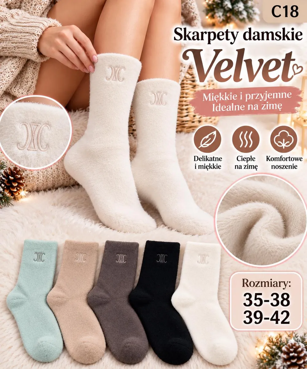 damskie skarpety velvet w pięciu kolorach z haftowanym logo, miękkie i ciepłe