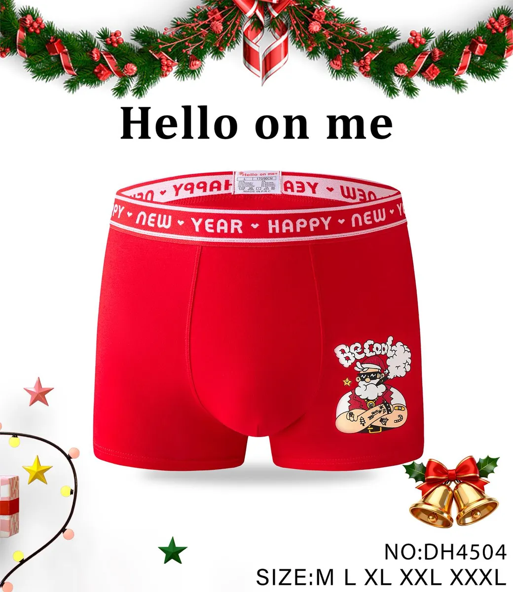 Czerwone bokserki męskie z nadrukiem Mikołaja i napisem Happy New Year na gumie