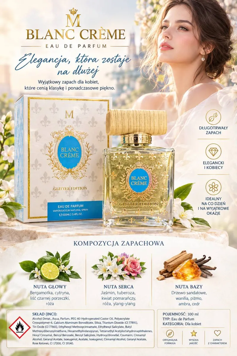 Perfumy Blanc Crème glitter edition 100 ml w złocistym flakonie z kremowym korkiem i eleganckim opakowaniem