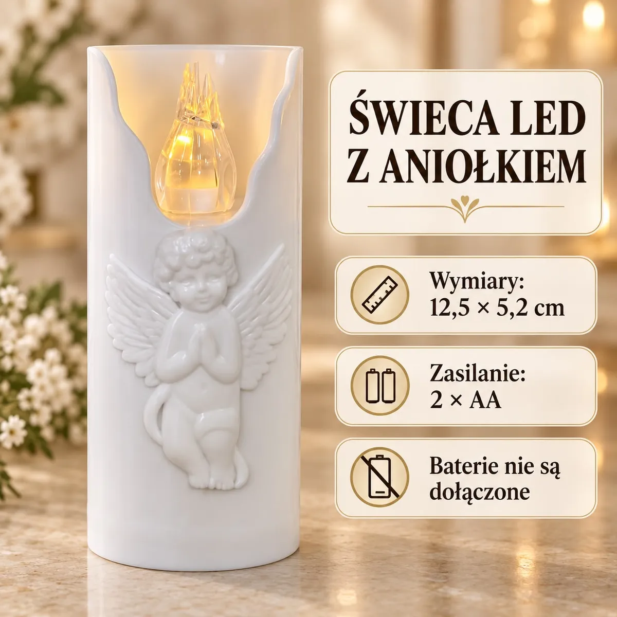 Biała świeca LED z wypukłym aniołkiem i imitacją płomienia LED