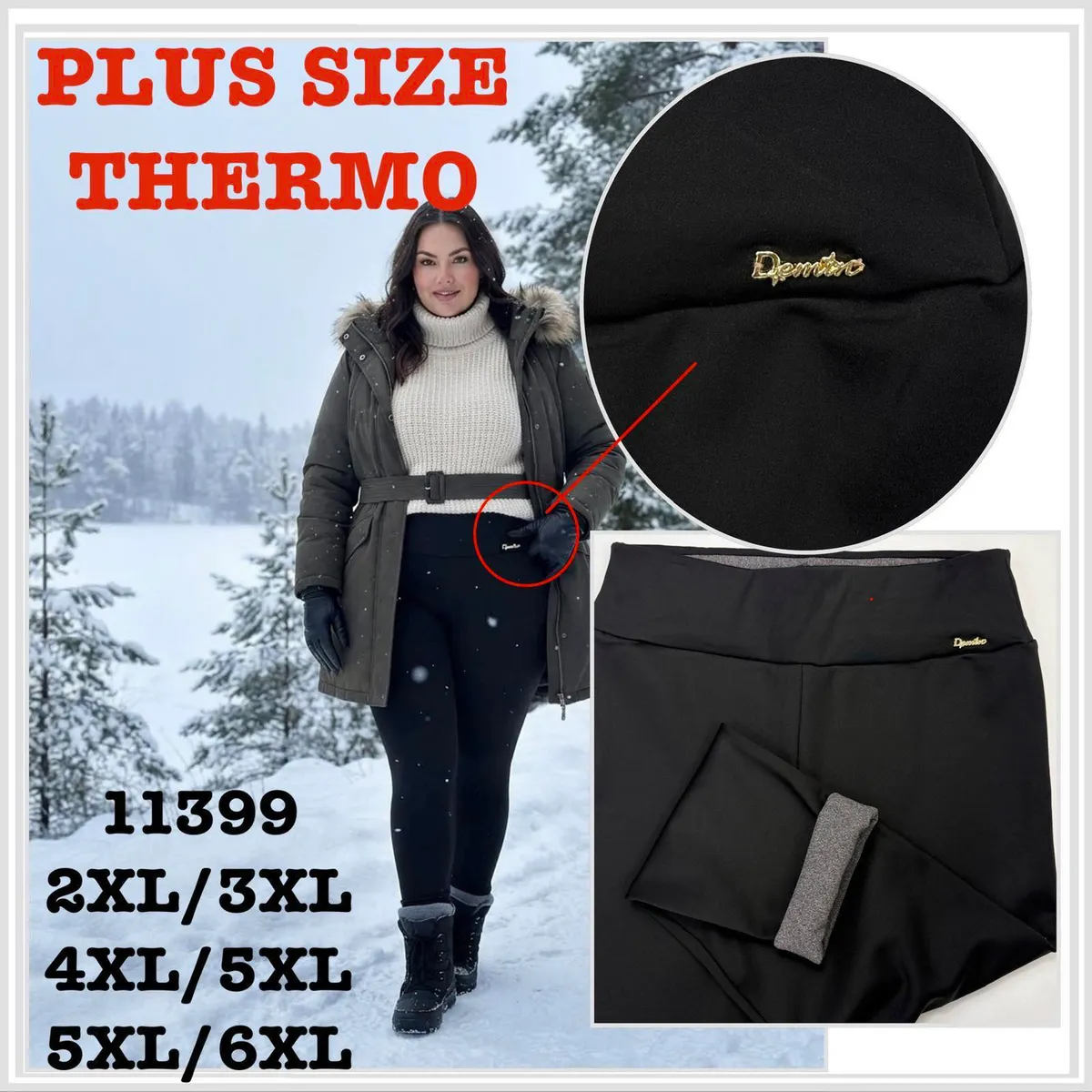 Czarne legginsy damskie plus size termo z szerokim pasem i złotym logo Demitra