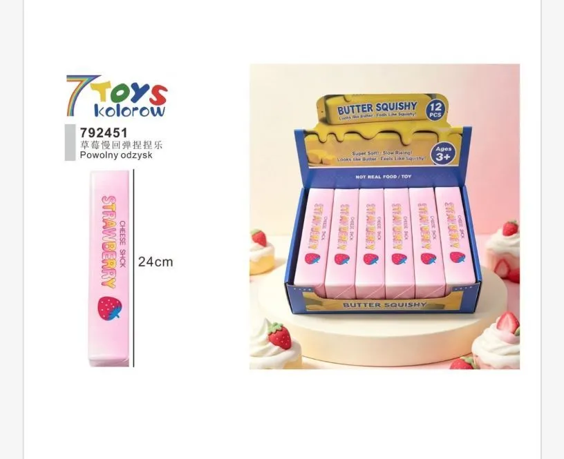 Różowy squishy z nadrukiem truskawki i napisem Strawberry, długość 24 cm, opakowanie 12 sztuk