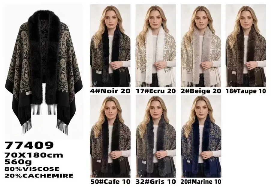 Szalik damski z futerkiem i wzorem paisley w różnych kolorach, rozmiar 70x180 cm