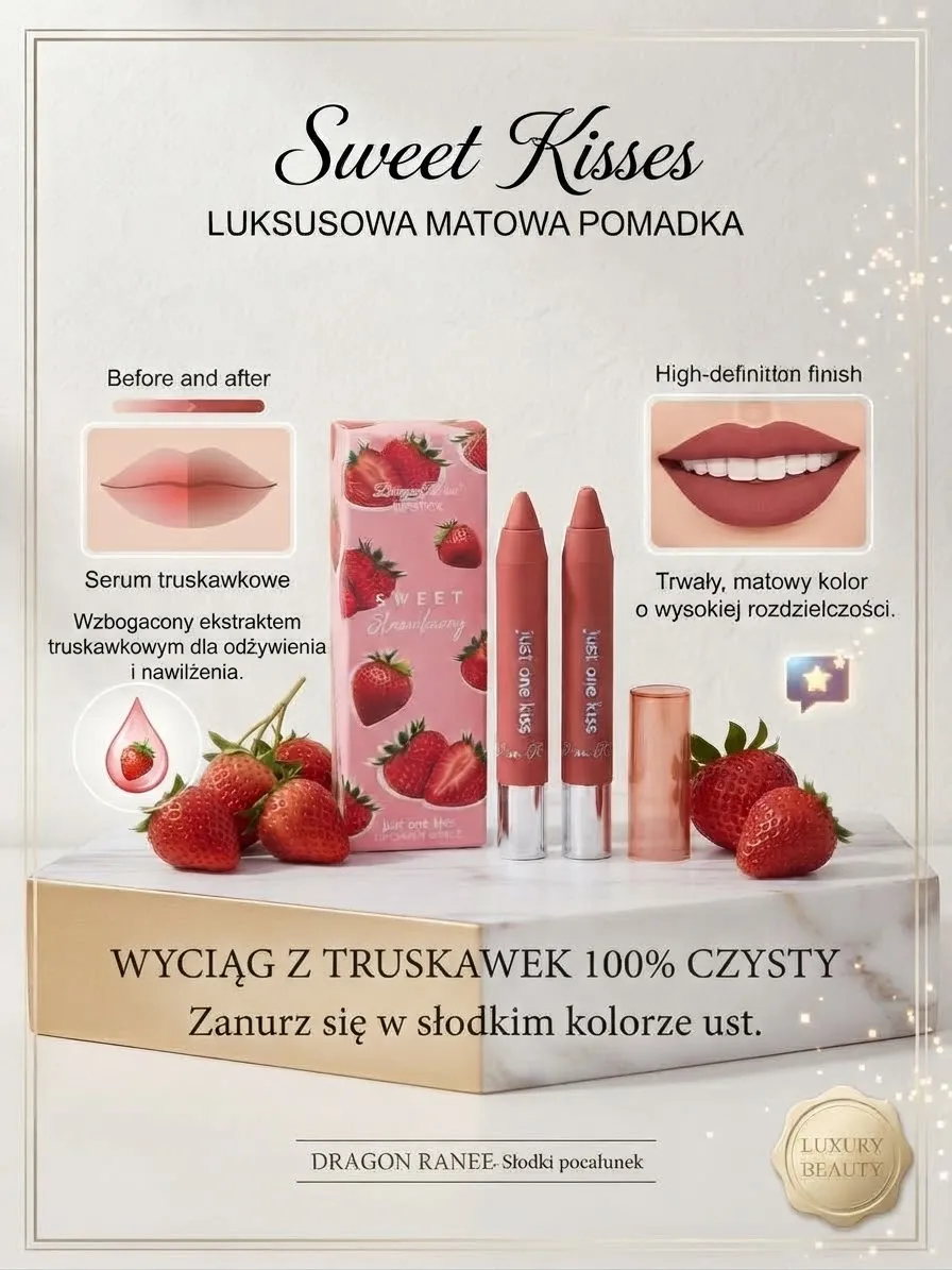 Pomadka matowa truskawkowa sweet kisses z ekstraktem truskawkowym w różowym opakowaniu