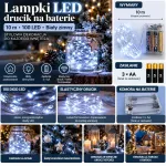 Lampki LED drucik 10 m 100 LED biały zimny na baterie 3×AA