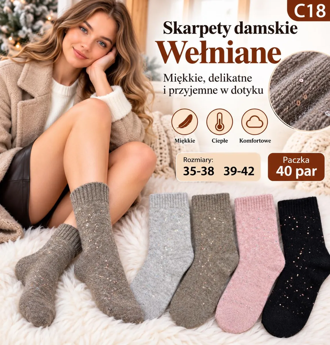 Skarpety damskie wełniane w kolorach beżowym, szarym, różowym i czarnym z cekinami