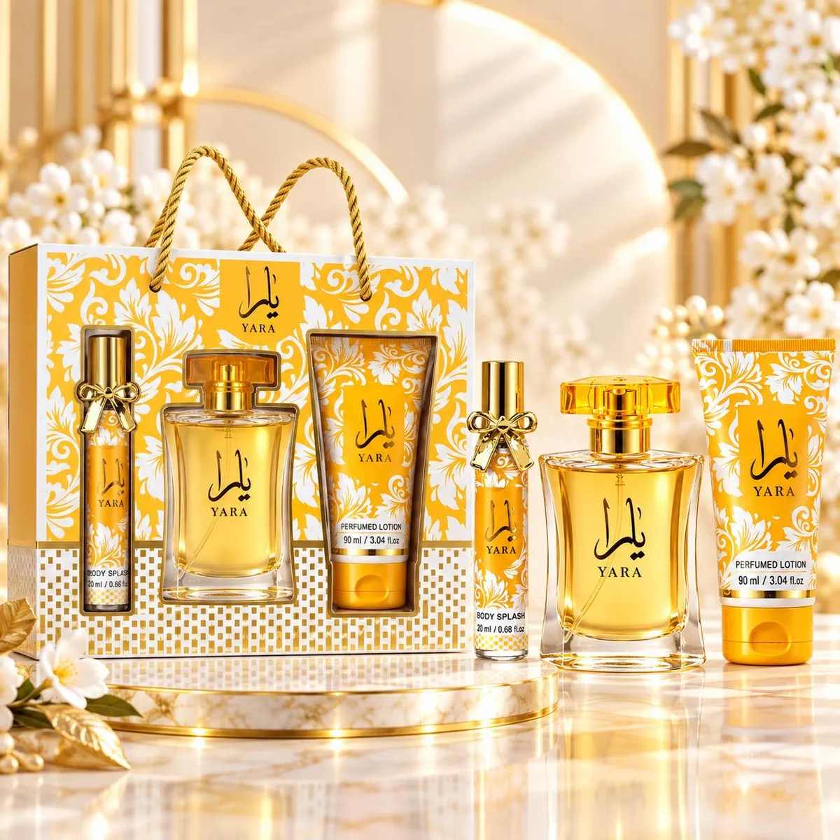Zestaw perfum YARA z flakonem, balsamem 90 ml i dwoma body splash 20 ml w żółto-białym opakowaniu prezentowym