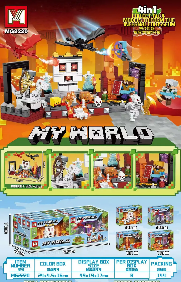 Zestaw klocków My World z postaciami szkieletów, rycerzy i smoków na tle pomarańczowego tła