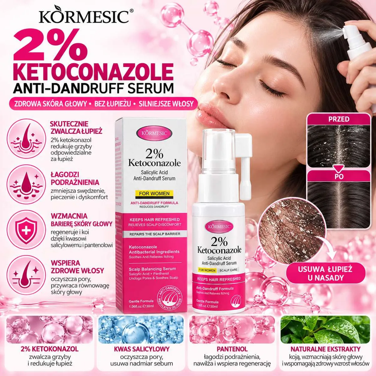 Serum KÖRMESIC 2% Ketoconazole 30 ml z atomizerem i opakowaniem, kobieta aplikuje produkt na skórę głowy