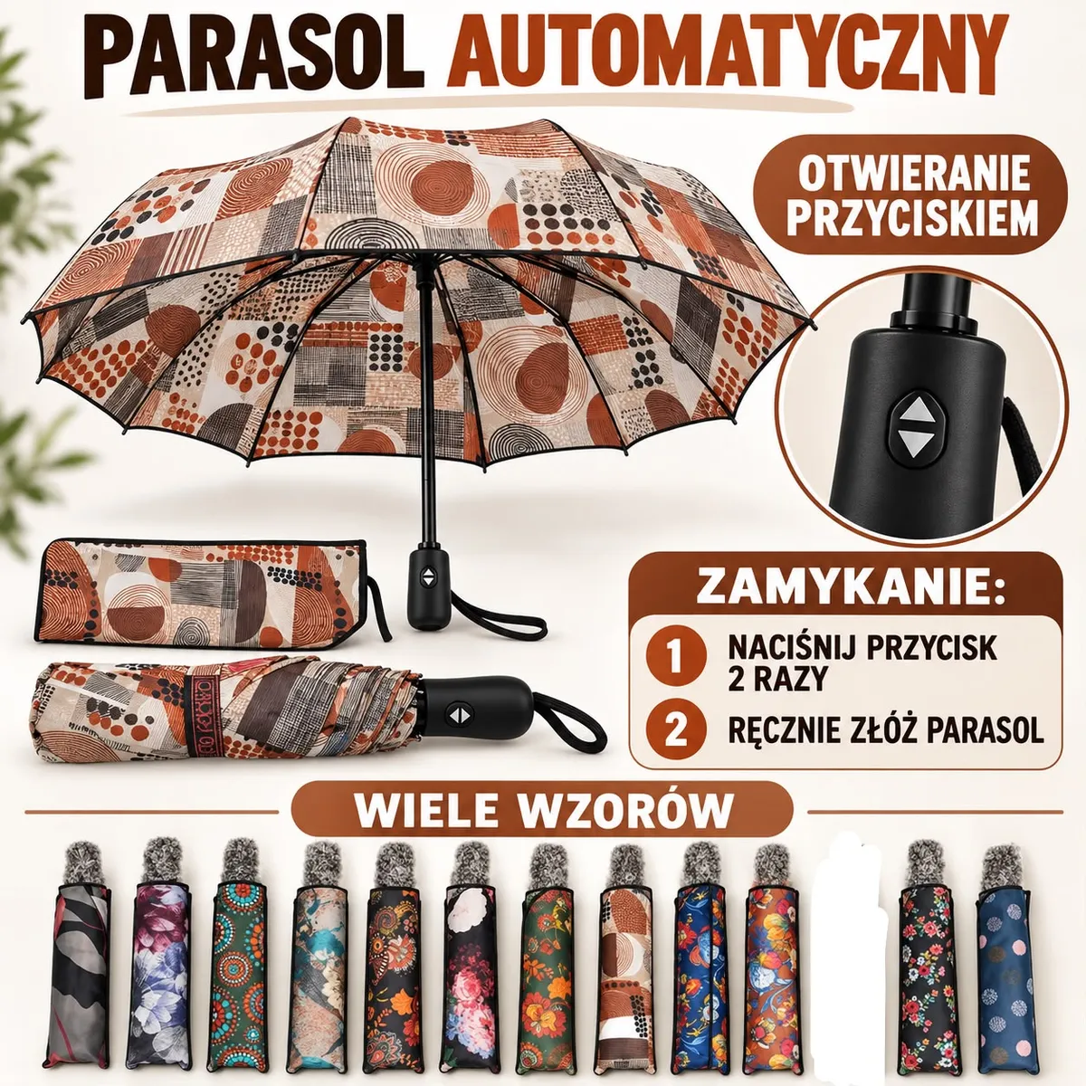 Automatyczny parasol składany z geometryczno-roślinnym wzorem w brązach i pomarańczach, z czarną rączką i pokrowcem