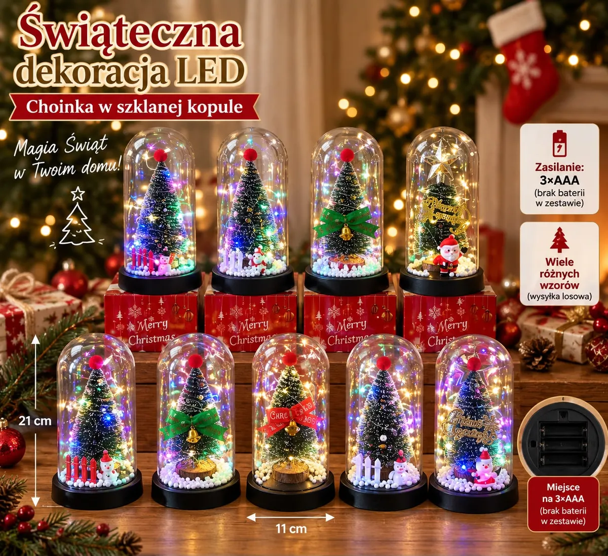 Świąteczna choinka LED w szklanej kopule z kolorowymi lampkami i ozdobami, 21x11 cm