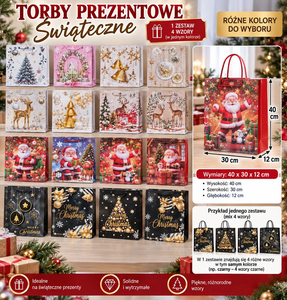torby prezentowe świąteczne w różnych wzorach i kolorach, wymiary 40x30x12 cm, zestaw 4 wzory