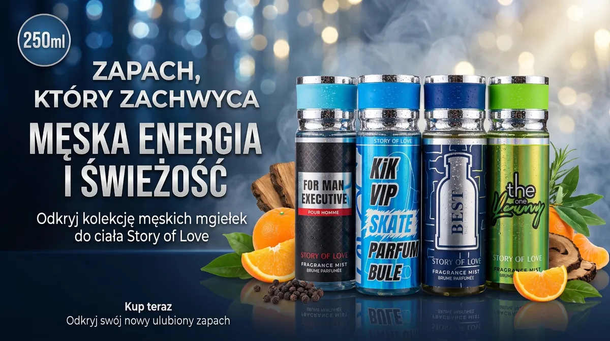 Cztery butelki męskiej mgiełki do ciała Story of Love 250 ml w kolorowych opakowaniach