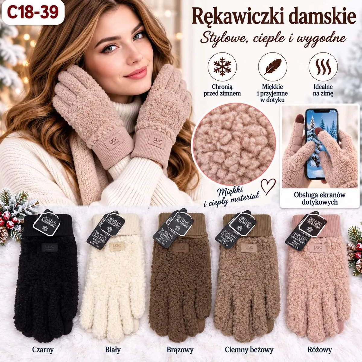 Rękawiczki damskie w kolorach czarnym, białym, brązowym, beżowym i różowym, miękkie, z fakturą baranka