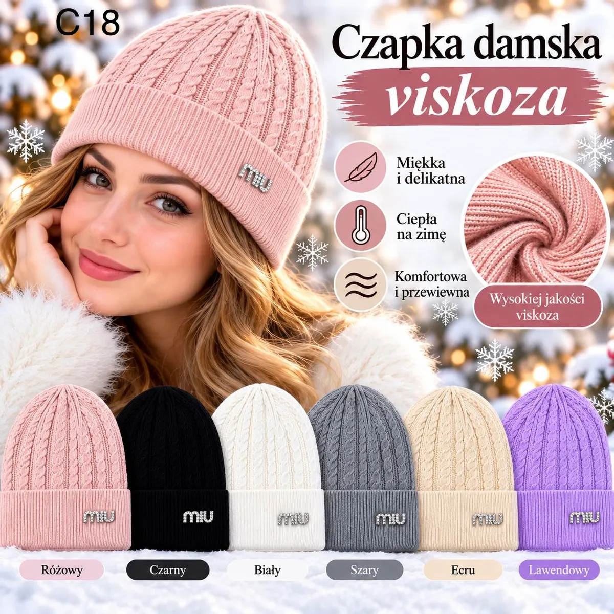 Damska czapka warkoczowa z szerokim ściągaczem w sześciu kolorach na tle zimowym