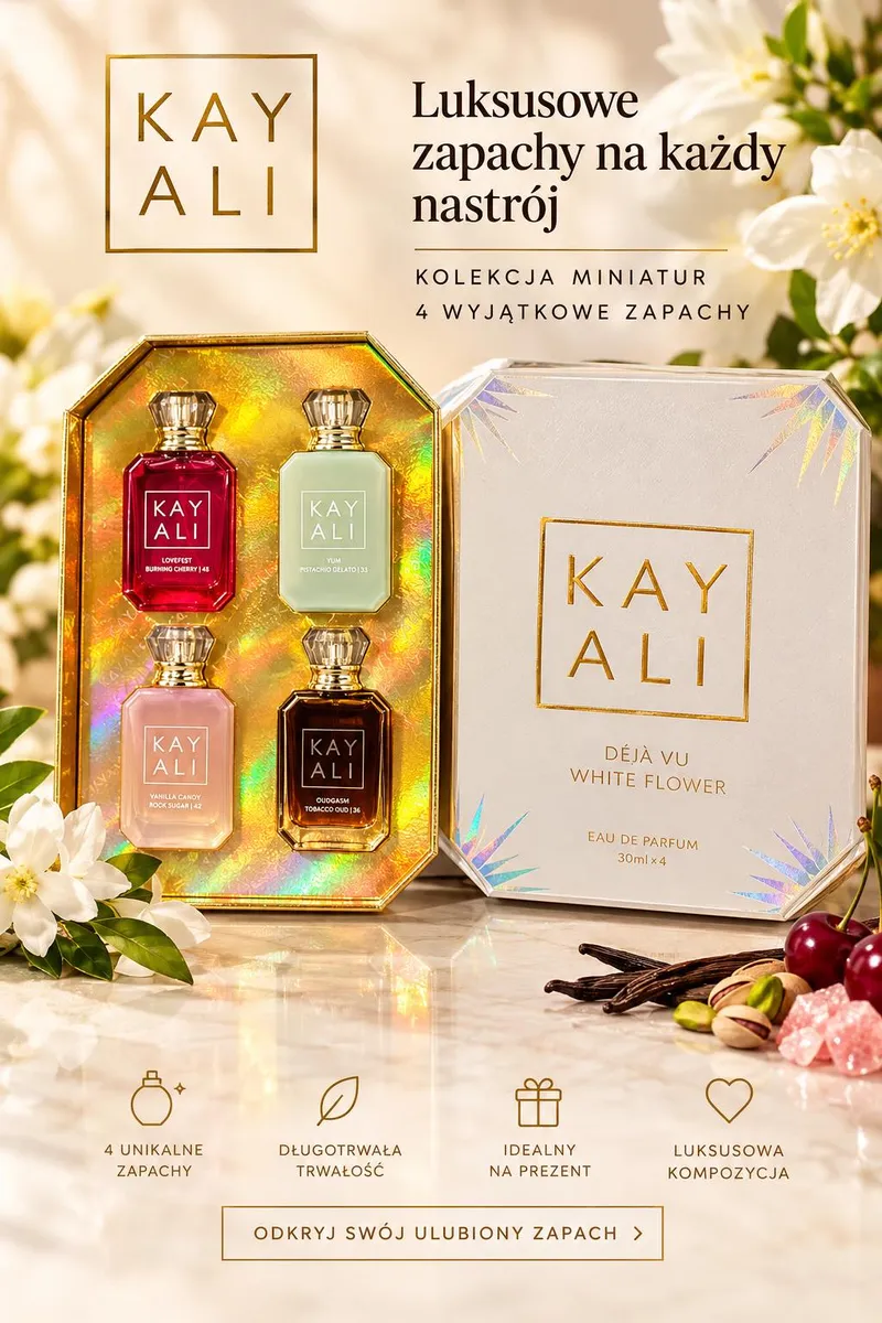 Zestaw 4 miniaturowych perfum Kay Ali w eleganckim białym opakowaniu z holograficznymi zdobieniami