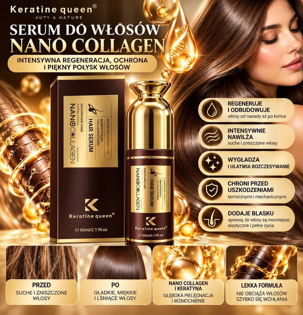 Serum do włosów Keratine Queen Nano Collagen 60 ml w złoto-brązowym opakowaniu z opisem właściwości i zdjęciem kobiety z lśni