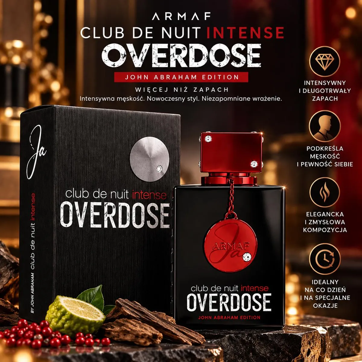 Czarny flakon perfum Armaf Club de Nuit Intense Overdose z czerwonymi detalami i czarne opakowanie z napisem