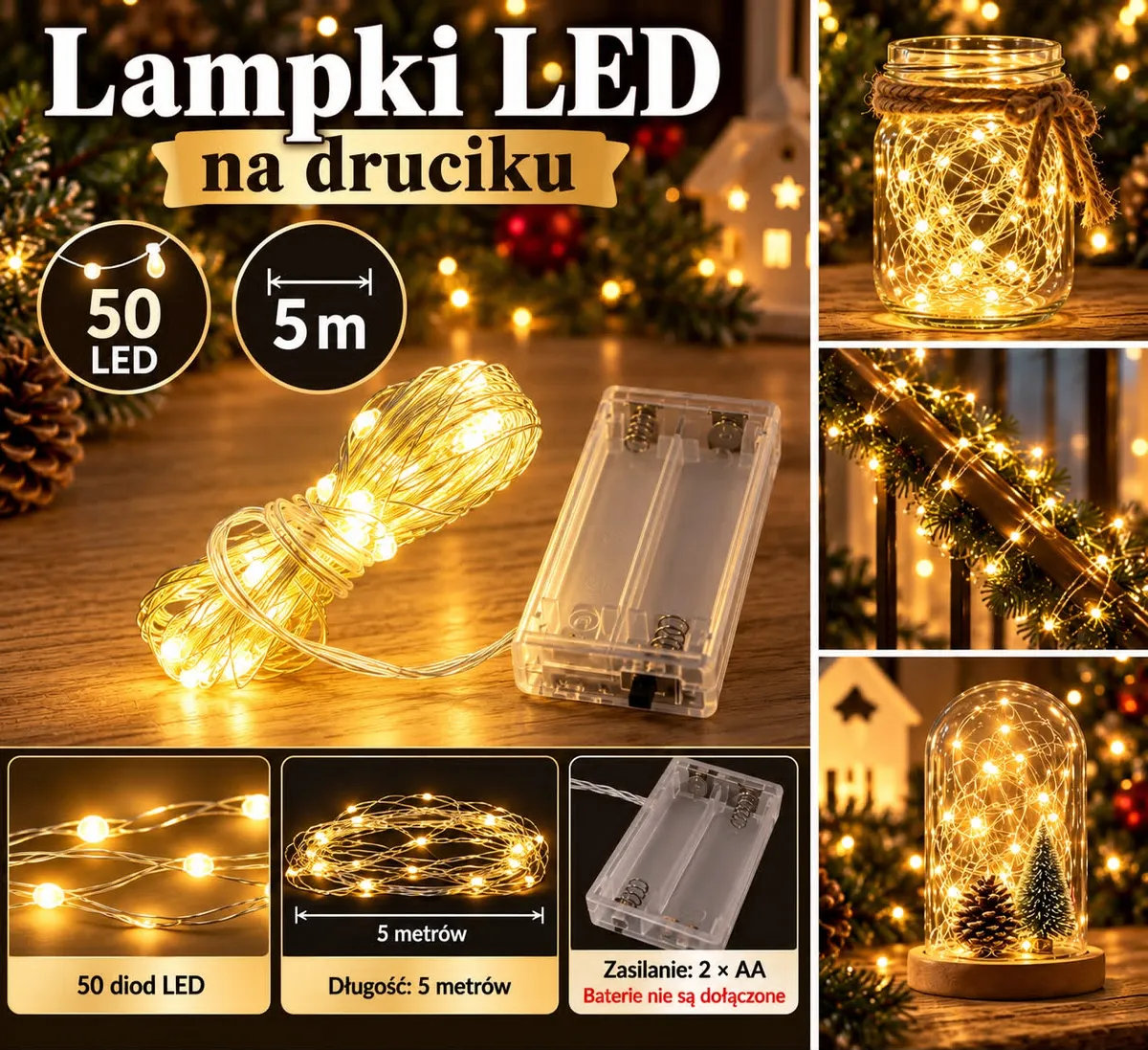 Lampki LED na cienkim druciku z 50 ciepłymi białymi diodami, zasilane bateriami AA, dekoracje świąteczne