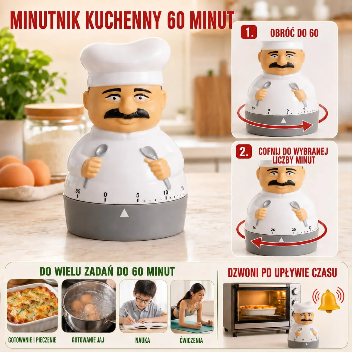 Minutnik kuchenny w kształcie kucharza z białą czapką i szarą podstawą na blacie kuchennym