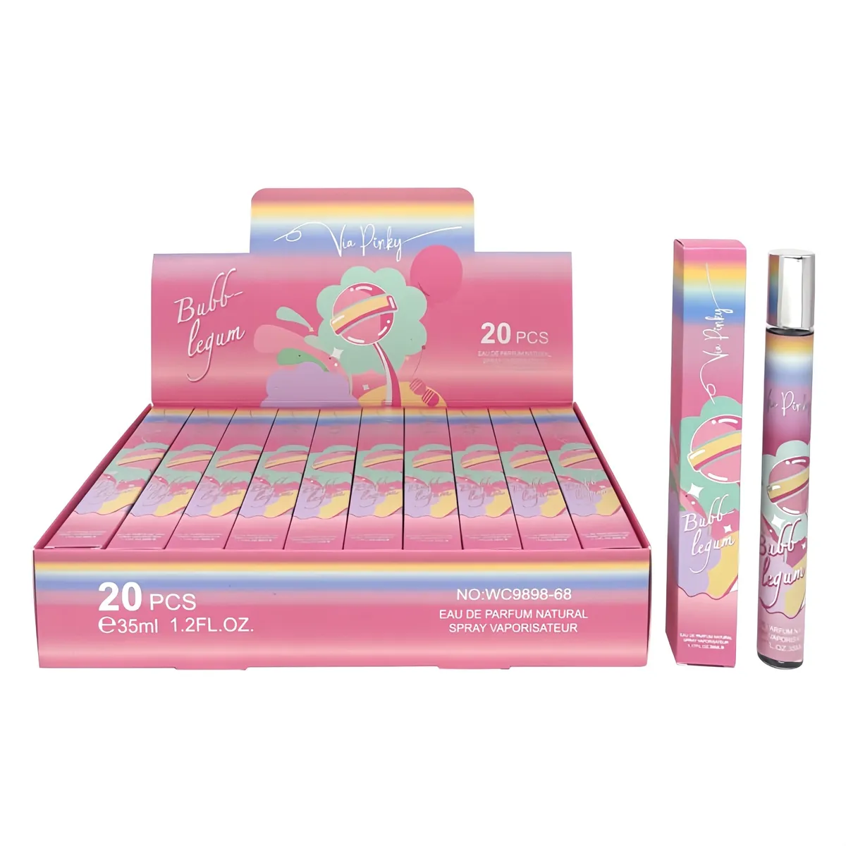 Opakowanie zbiorcze i pojedynczy flakon perfum Via Pinky Bubblegum 35ml z kolorowym motywem lizaka