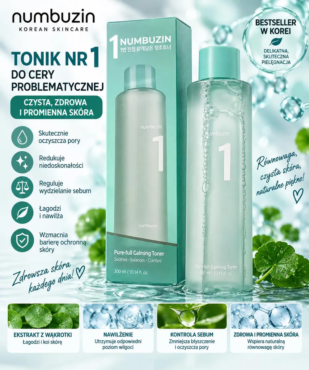 Butelka i opakowanie toniku Numbuzin No.1 Pure-full Calming Toner 300 ml z zielonym korkiem i białym nadrukiem