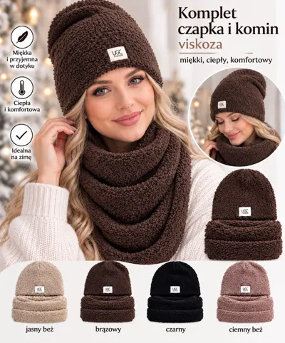 Komplet zimowy czapka i komin z miękkiej wiskozy w kolorach beżowym, brązowym, czarnym i ciemnym beżu