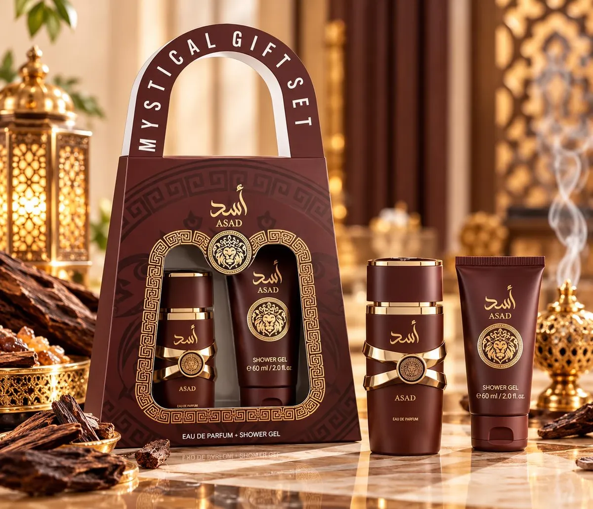 Zestaw prezentowy ASAD z perfumami 30ml i balsamem 60ml w brązowo-złotym opakowaniu z motywem lwa
