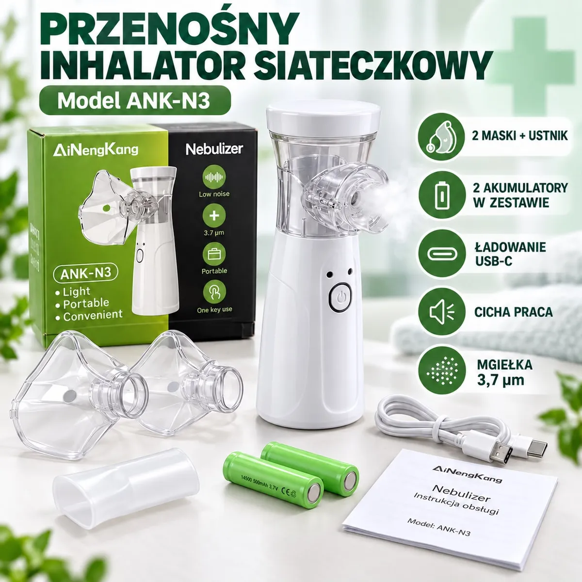 biały przenośny inhalator siateczkowy AiNengKang ANK-N3 z dwoma przezroczystymi maskami, ustnikiem, dwoma zielonymi akumulato