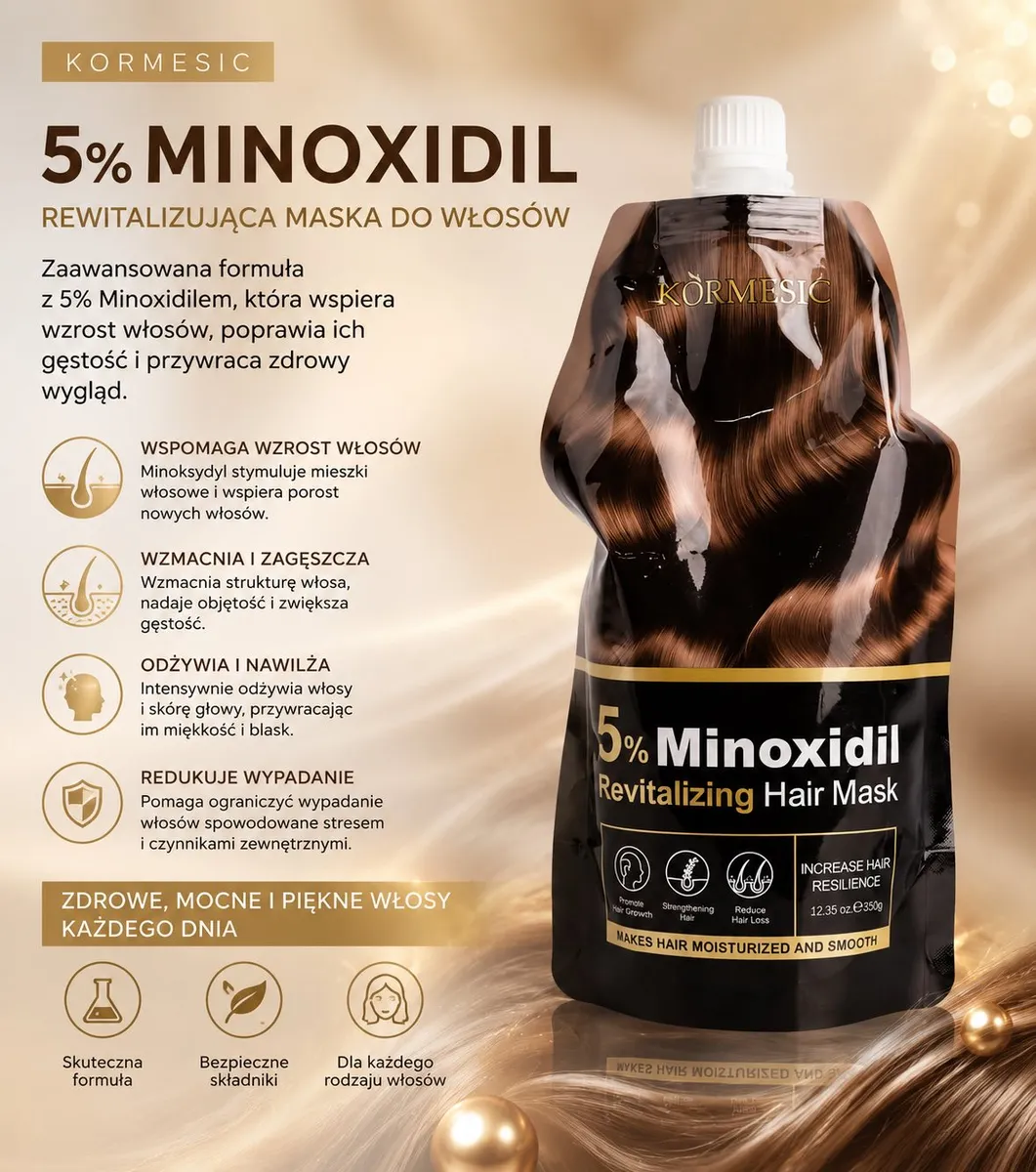 Opakowanie maski do włosów 5% Minoxidil o pojemności 350 g z brązowo-czarnym wzorem i białą zakrętką