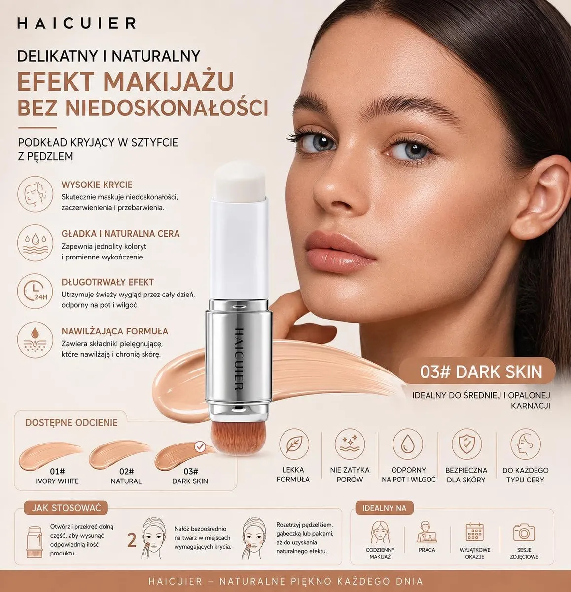 Podkład w sztyfcie HAICUIER 03# Dark Skin z pędzelkiem i modelką o naturalnym makijażu