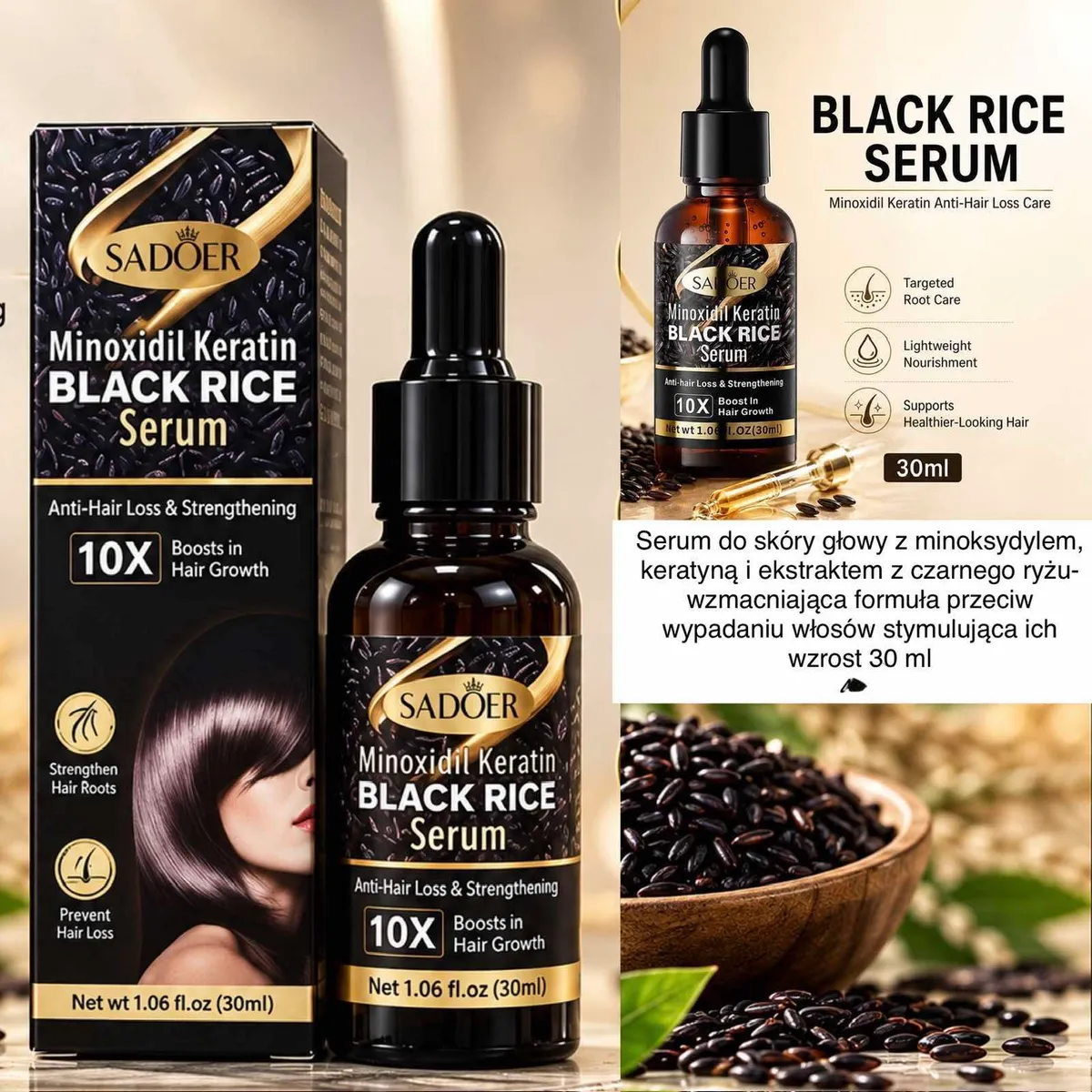 Butelka serum Sadoer Black Rice 30ml z pipetą i opakowanie z czarnym ryżem