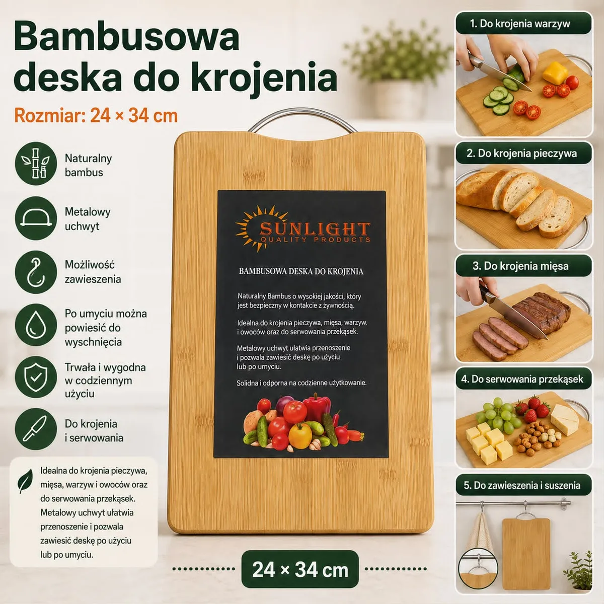 Bambusowa deska do krojenia z metalowym uchwytem i instrukcją zastosowania