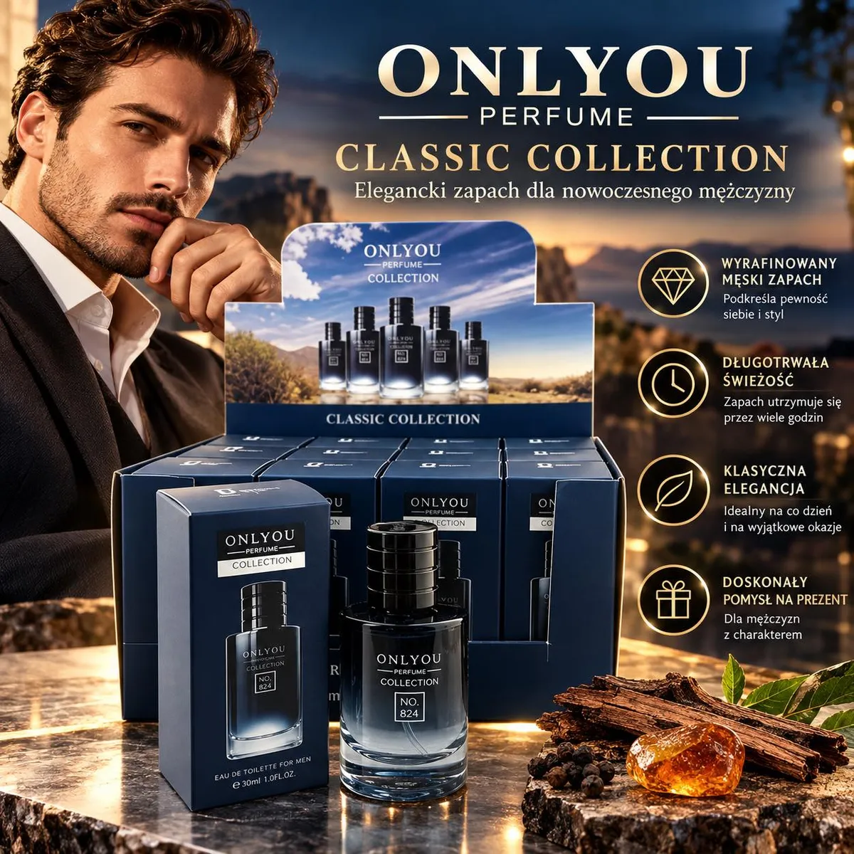 Butelka perfum OnlyYou Perfume Classic Collection 30ml w granatowym pudełku na tle ekspozycji i mężczyzny w garniturze