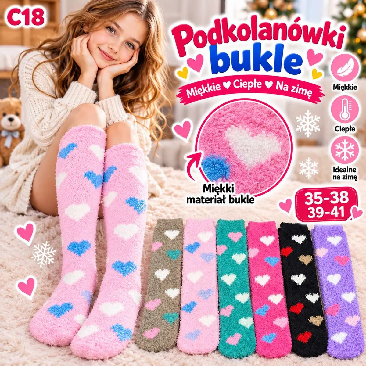 Podkolanówki bukle w pastelowych i ciemnych kolorach z motywem serc, modelka w różowych na tle pokoju