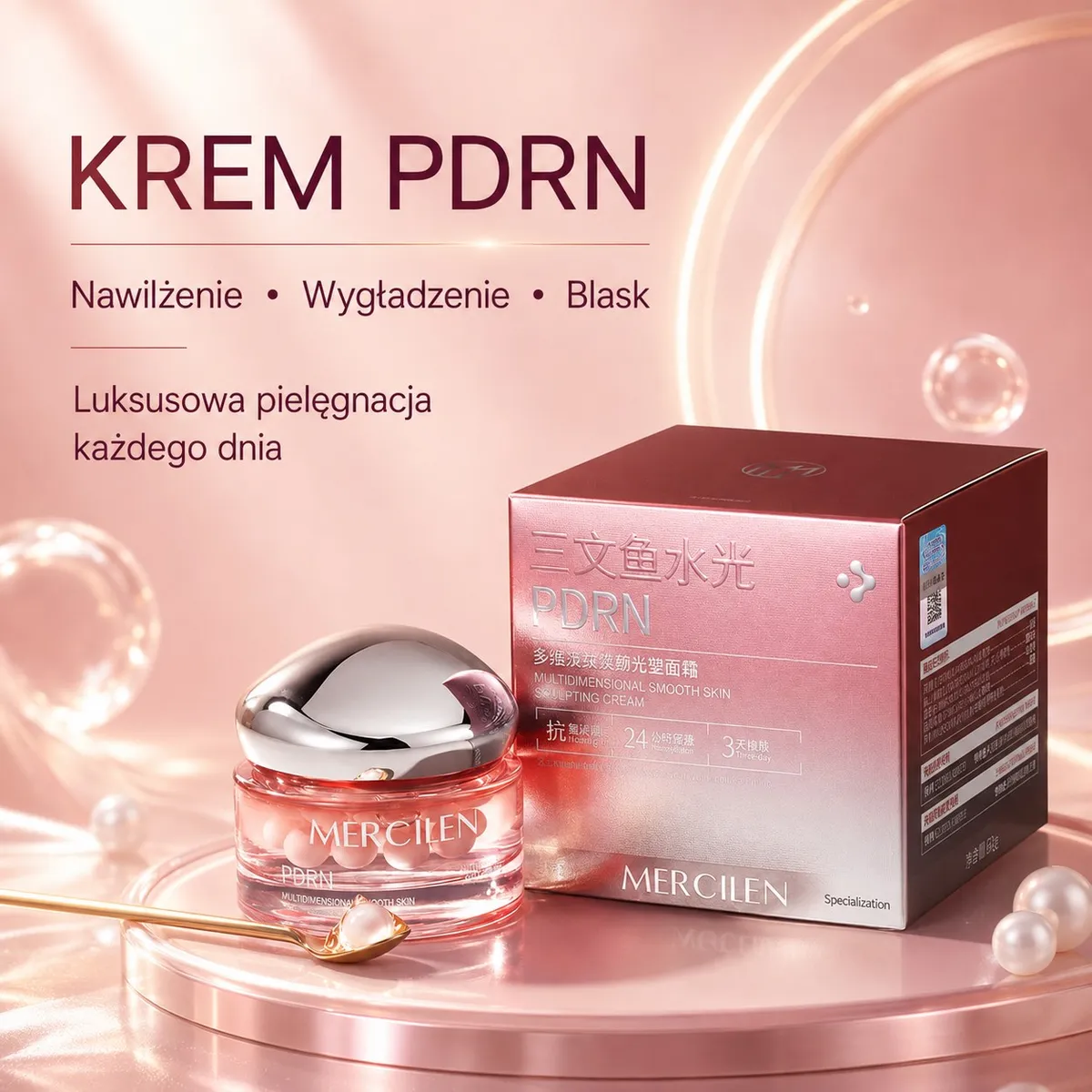Szklany słoik kremu do twarzy Mercilen PDRN z różowo-srebrnym opakowaniem i srebrną zakrętką