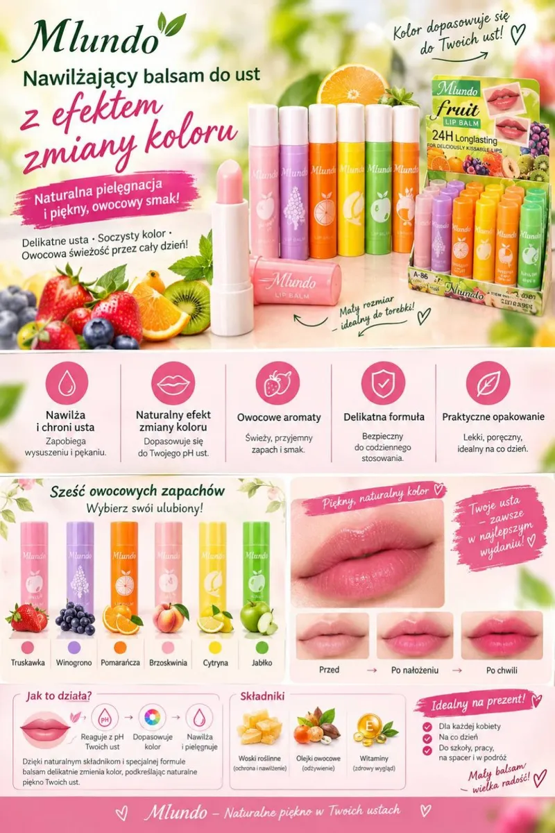 Zestaw sześciu nawilżających balsamów do ust Mlundo w pastelowych opakowaniach z owocowymi motywami