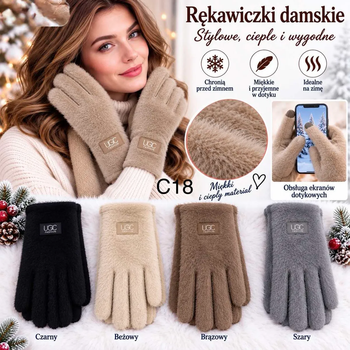 Rękawiczki damskie UGC Fashion w czterech kolorach: czarny, beżowy, brązowy, szary, miękkie i ciepłe