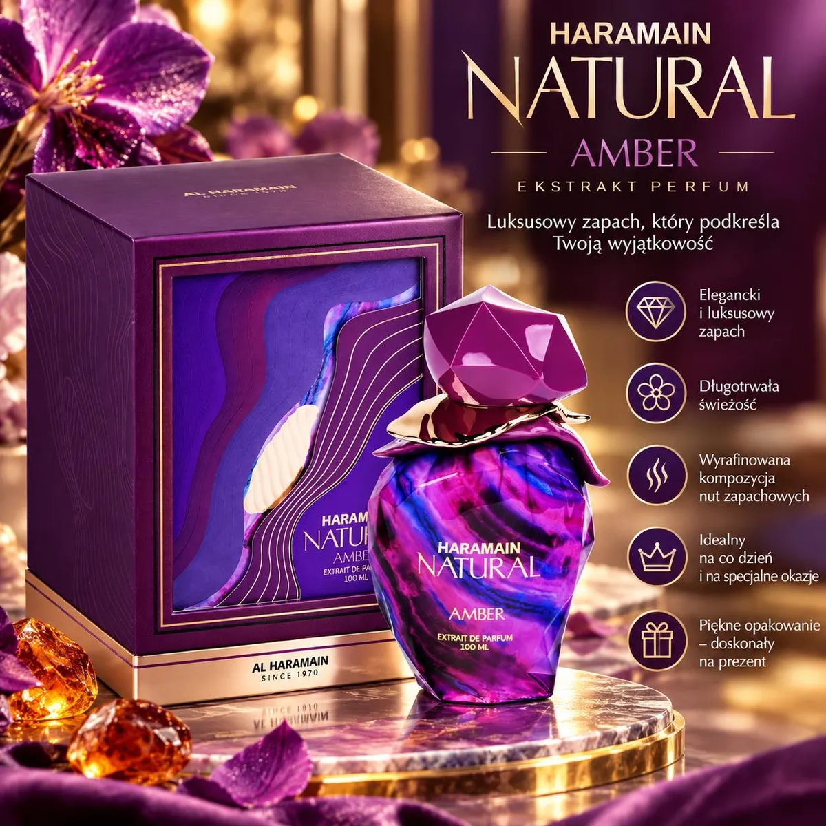 Fioletowo-granatowy marmurkowy flakon perfum Haramain Natural Amber 100 ml z ozdobnym korkiem i fioletowym pudełkiem